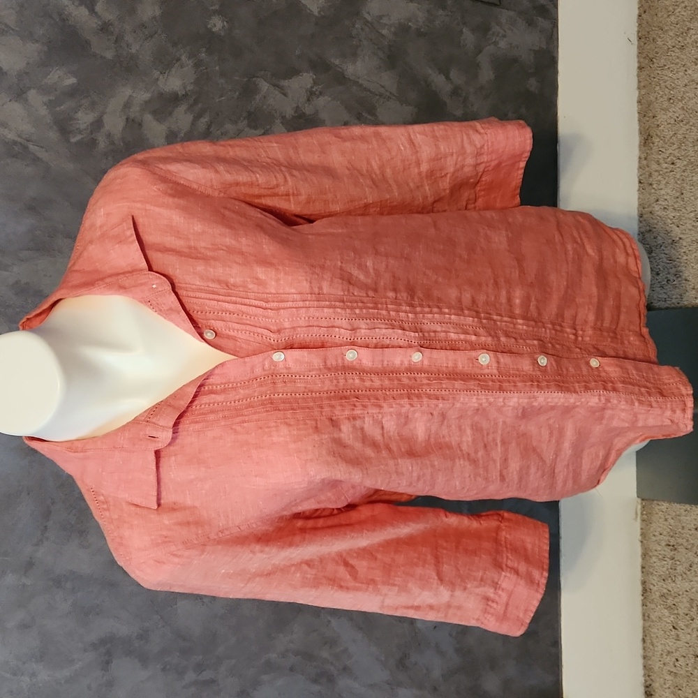 Lands End Coral Color Linen Button Down Blouse Sz MD 10-12